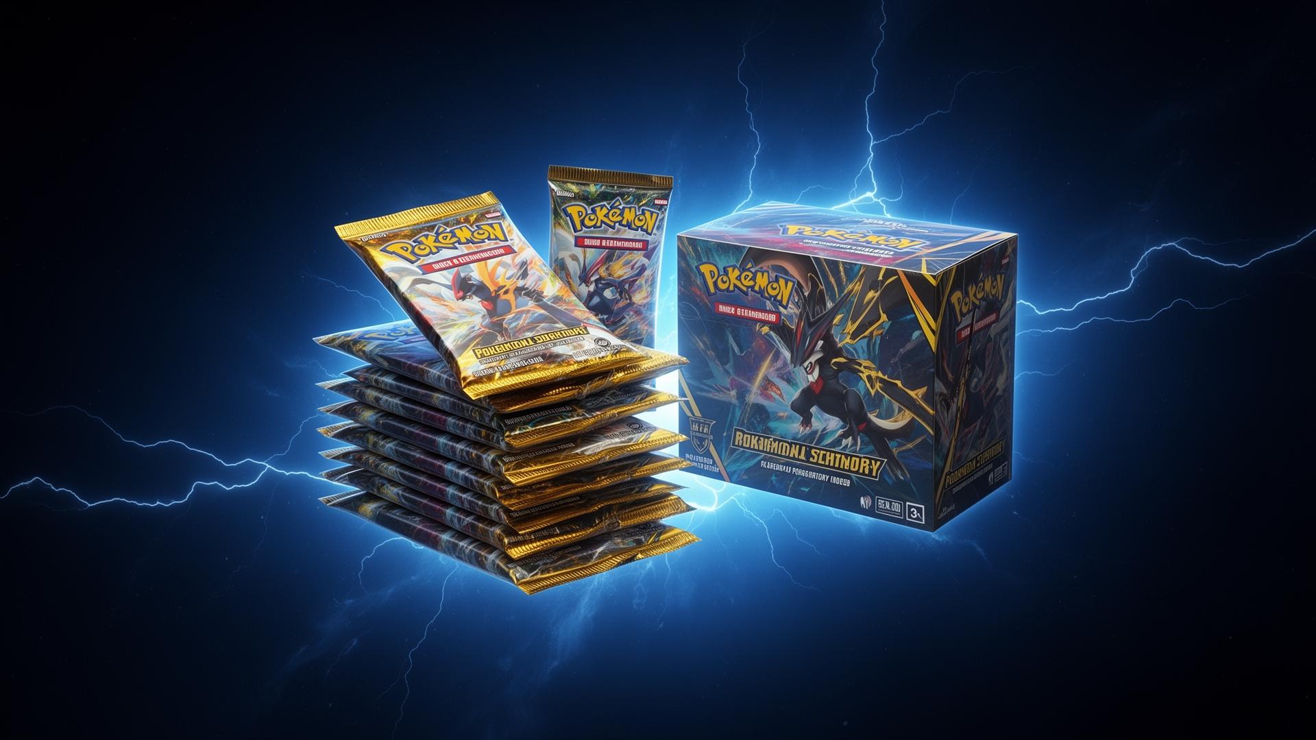 Premium sealed Pokémon booster packs and box glowing in midnight studio lighting
